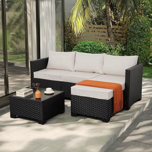 Rattaner Outdoor Furniture Set 3 Pieces Wicker Patio Furniture Outdoor Sectional Patio Couch Outdoor Coffee Table All-Weather Non-Slip Cushions Waterproof Covers, Khaki