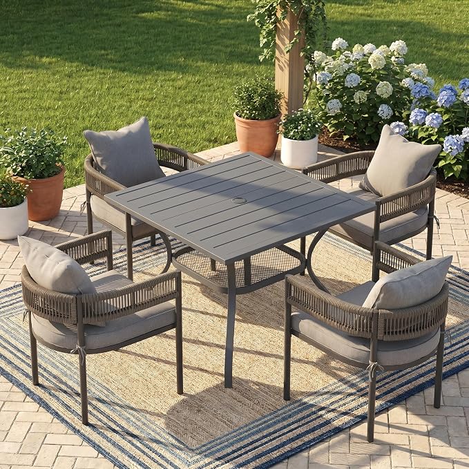 VICLLAX Patio Dining Set for 4-37.8" Square Table & Cushioned Seats, Grey