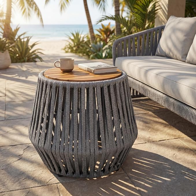 Merax Outdoor Rope Side Table - Acacia Wood with Teak Finish, 100 LBS Capacity, Weather-Resistant Woven Table for Patio, Deck, Balcony - 21.26" Round Base x 18.11" H