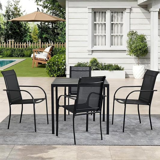 5-Piece Outdoor Dining Set, 35.5" Square Metal Patio Table with Black Chairs, Black Table with Umbrella Hole for Garden, Yard, Patio