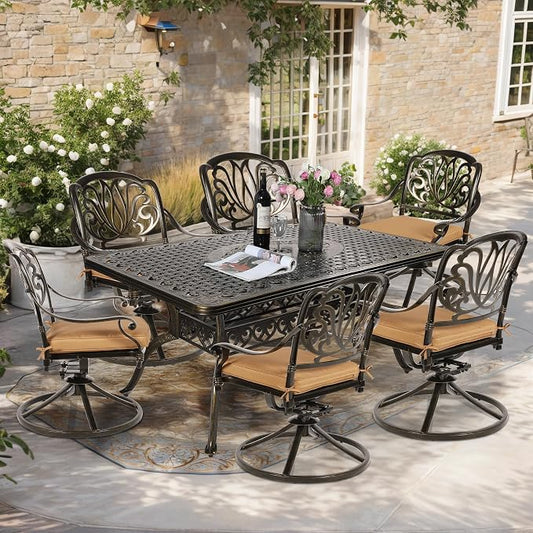 7-Piece Outdoor Patio Dining Set, 60” Rectangular Cast Aluminum Dining Table with Umbrella Hole and 6 Cushioned Swivel Rocker Chairs, Patio Funiture Set for Backyard, Patio, Garden