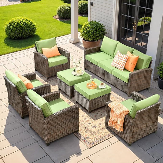 CAODOC 7 Pieces Rattan Patio Furniture Set, 4 x Single Chair, 2 x Ottoman and 3-Seat Sofa with Cushions, 9 Seats Outdoor Wicker Sectional Conversation Set for Garden, Poolside, Backyard