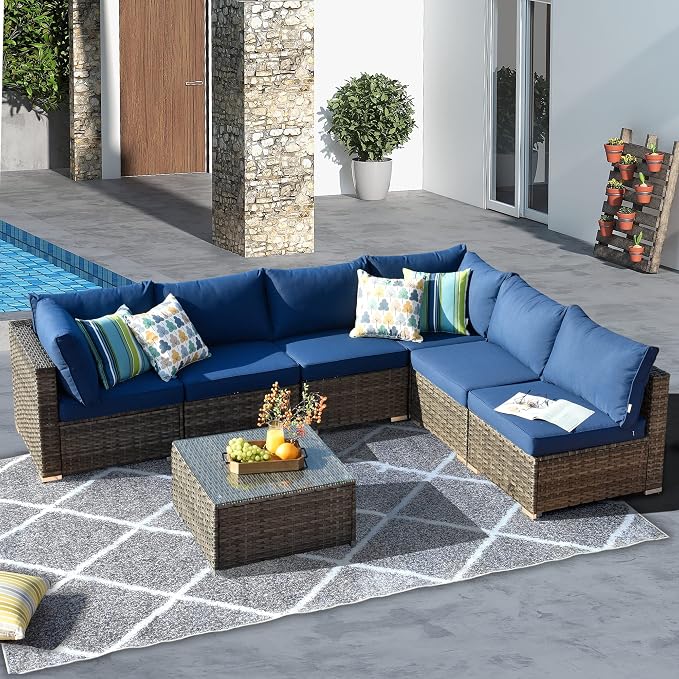 HOOOWOOO Patio Outdoor Sectional Furniture Sofa Set,7 Piece U Shaped Corner Wicker Rattan Couch Set,Rustic 6 Persons Summer Patio Conversation Set for Outside Porch Deck Garden(Navy Blue)