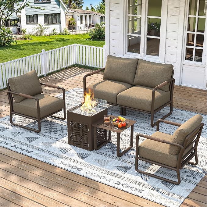 4-Seat Outdoor Aluminum Patio Set with 45,000 BTU Fire Pit Table, 6.5" Thick Cushions & Wide Seating, All-Weather for Pool, Balcony, Garden, Brown