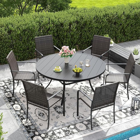 DIFY 7 Piece Outdoor Dining Set, Patio Table and Chairs Set for 6 with Umbrella Hole, 50" Black Round Dining Table & Stackable Wicker Patio Chairs, Metal Patio Furniture Set for Garden Backyard