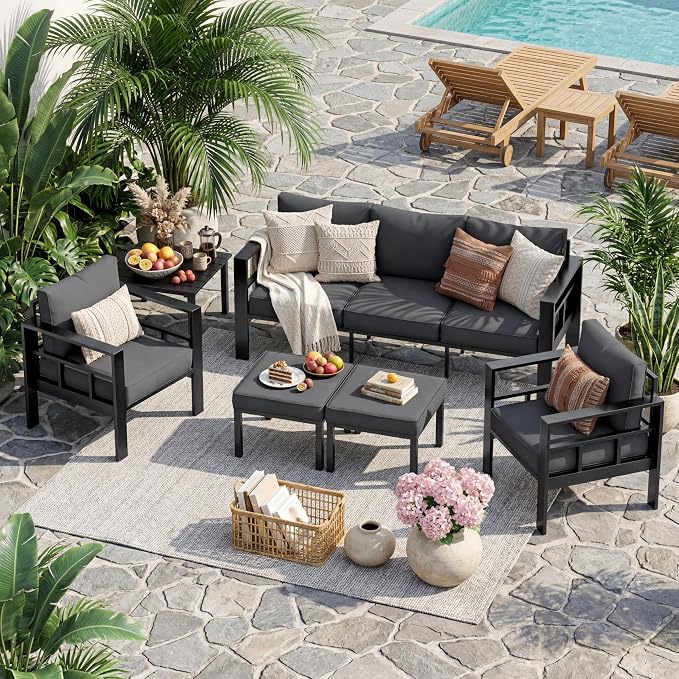 UDPATIO Aluminum Patio Furniture Set with 2 Ottomans, 6 Pieces All-Weather & UV-Resistant Outdoor Furniture for Deck, Backyard, Poolside, Dark Gray