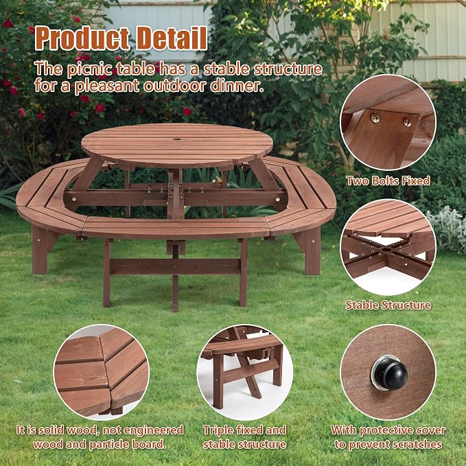 10-12 Person Outdoor Picnic Table, Round Wood Picnic Table with 1 Built-in Ring Bench, Umbrella Hole, Outside Dining Table and Bench Set for Patio, Backyard, Garden, Porch, 1500lb Capacity - Brown