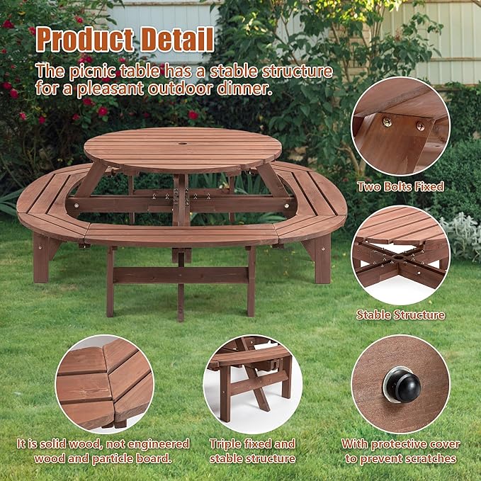 Henf 10-12 Person Wood Picnic Tables for Outdoors,Round Picnic Table with Umbrella Hole,Ring Built-in Benches,Patio Table and Bench Set for Garden,Patio, Backyard,2220LBS Total Capacity,Walnut Brown