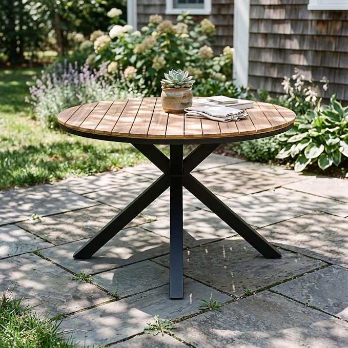 Merax 45" Round Outdoor Patio Dining Table Teak Acacia Wood Tabletop and Black Metal Leg, Modern Industrial Style Patio Dining Table