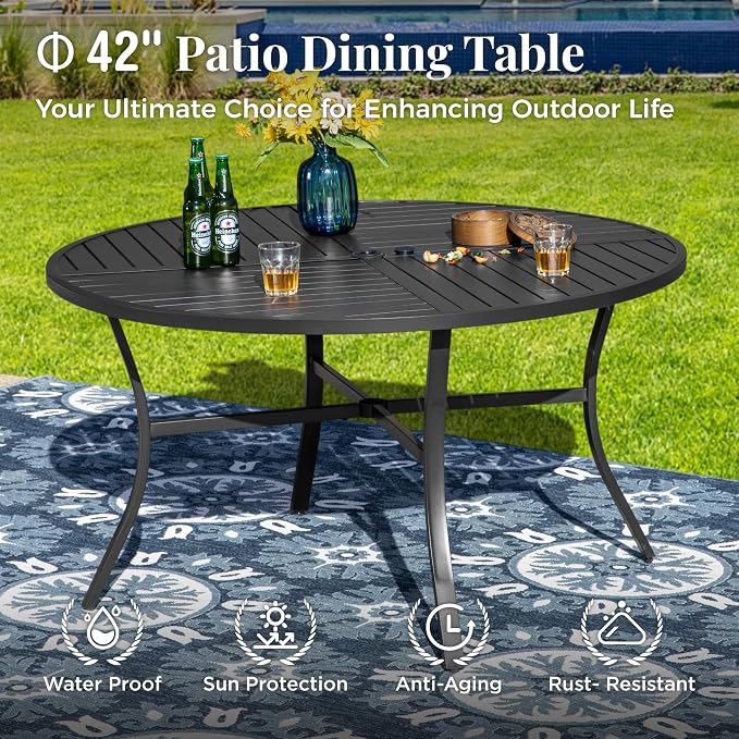 MIXPATIO 5 Pieces Outdoor Patio Dining Set, 42" Round Metal Table with Umbrella Hole, 4 x Swivel Rope Rattan Chairs with 3.2" Cushion for Yard, Porch, Beige