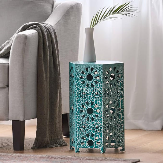 12" Outdoor Side Table, Metal Side Table, Multi Functional Decorative Cutout, Coffee Table, Night Stand, Plant Stand for Patio, Garden, Backyard, Gazebo Indoor (Teal)