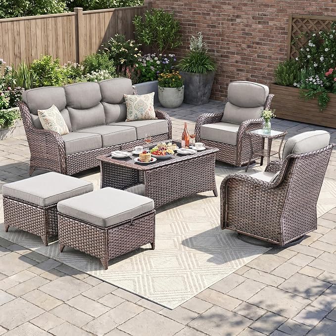 Swivel Patio Chairs sofa Set of 7 - 6" Thick Cushion - Wicker Outdoor Swivel Rocker Patio Chair ,Sofa/Glass coffee table, High Back Comfortable Outdoor Glider Chairs - Brown Wicker | Grey Cushions