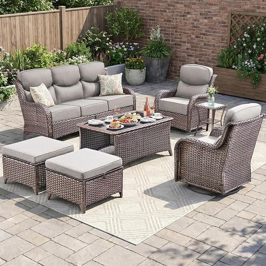 Swivel Patio Chairs sofa Set of 7 - 6" Thick Cushion - Wicker Outdoor Swivel Rocker Patio Chair ,Sofa/Glass coffee table, High Back Comfortable Outdoor Glider Chairs - Brown Wicker | Grey Cushions