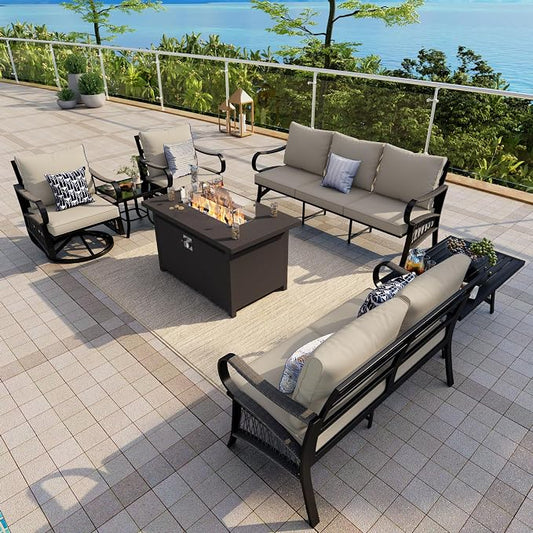 7-Piece Outdoor Furniture Set, Metal Swivel Rocking Chairs with All-Weather Cushions, Patio Conversation Set with Fire Pit Table for Deck, Porch, Garden, Backyard, Poolside (Beige Cushions)