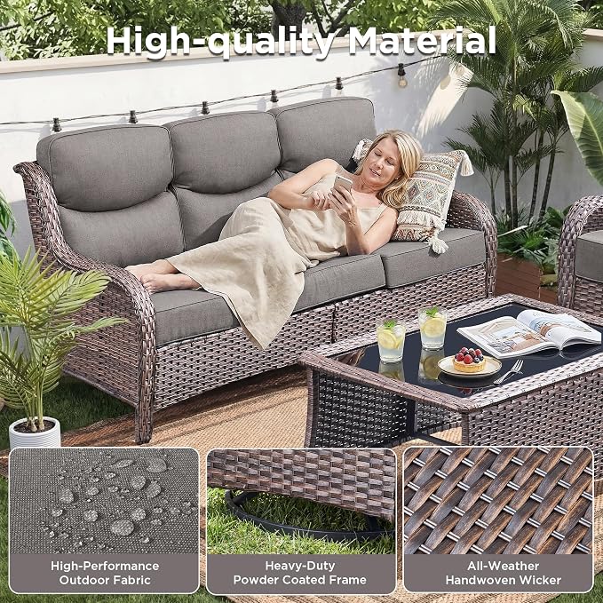 Luxury 10 Pieces Patio Furniture Set, Wicker Swivel Rocker Patio Chairs with 6" Thick Cushion, Outdoor Wicker Sofa with Coffee Table, All Weather Outdoor Conversation for Garden Porch(Brown/Grey)