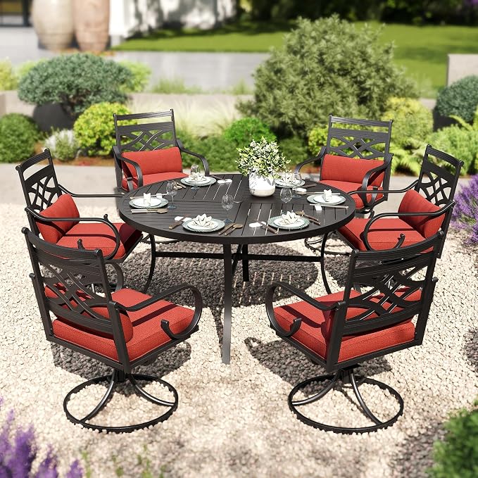PHI VILLA Patio Dining Set, Swivel Chairs, 54" Round Metal Table | Metal chairs, Red, Umbrella Hole, Cushions, E-coated