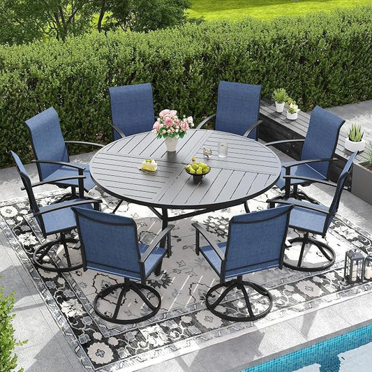 DIFY 9 Pieces Outdoor Dining Set, Metal Patio Table and Chairs Set for 8 with Umbrella Hole, 59.8" Black Round Table and Blue Textilene Swivel Patio Chairs for Garden, Backyard, Poolside