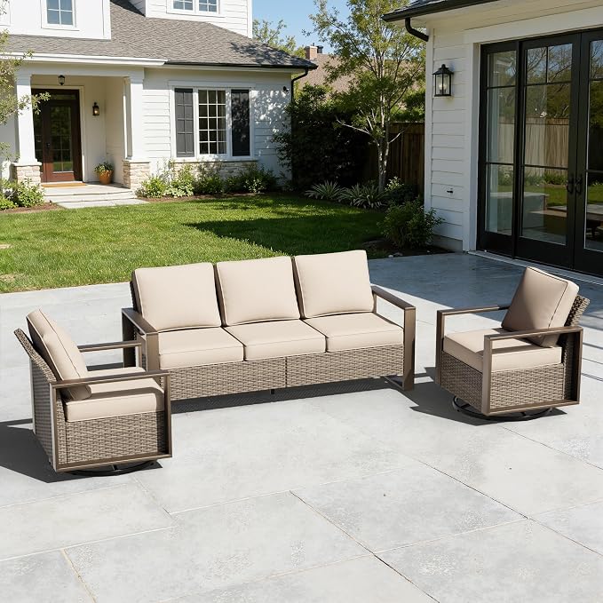 Wicker Patio 75" Sofa Set with 2 Swivel Chairs, All Weather Rattan Outdoor Conversation Furniture Set with Wood-Looking Metal Armrest & Removable Cushions for Backyard Porch, Beige