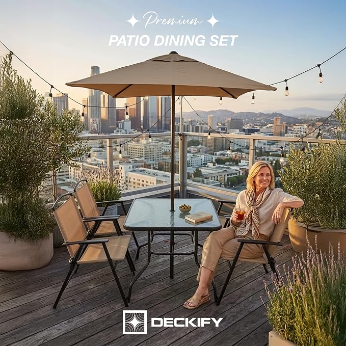 6-Piece Outdoor Patio Furniture Set for 4, Patio Table and Chairs Set with Umbrella, All-Weather Steel Frame & Glass Top Dining Table Set for Backyard, Lawn - Tan