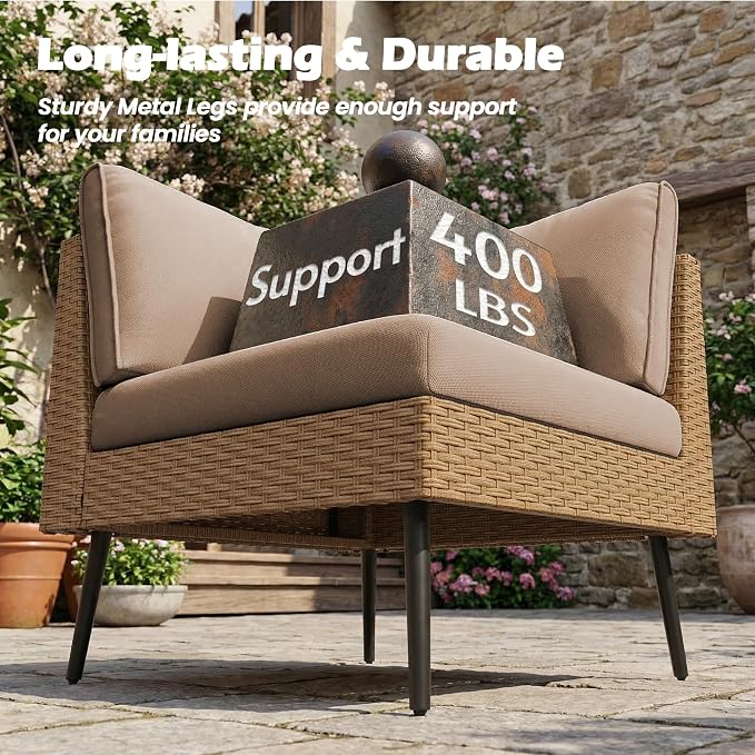 Vikiullf Outdoor Wicker Sectional Sofa Set, L-Shaped Patio Conversation Set with 4" Cushions, Boho Rattan Furniture for Backyard Poolside Deck (Khaki, 8 Pieces)