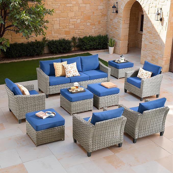 CAODOC Patio Furniture Set, 7 Pieces Outdoor Wicker Rattan Sofa Couch with 4 Chairs, Ottomans and Comfy Cushions, All Weather High Back Conversation Set Garden Backyard, Brown Rattan Blue Cushions