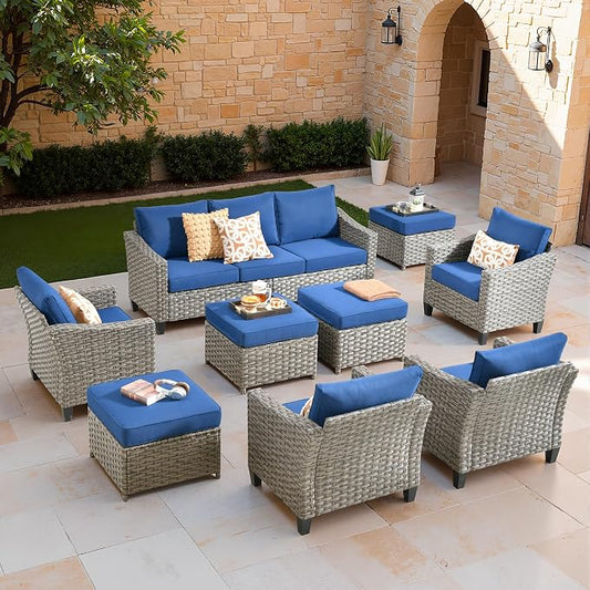 CAODOC Patio Furniture Set, 7 Pieces Outdoor Wicker Rattan Sofa Couch with 4 Chairs, Ottomans and Comfy Cushions, All Weather High Back Conversation Set Garden Backyard, Brown Rattan Blue Cushions
