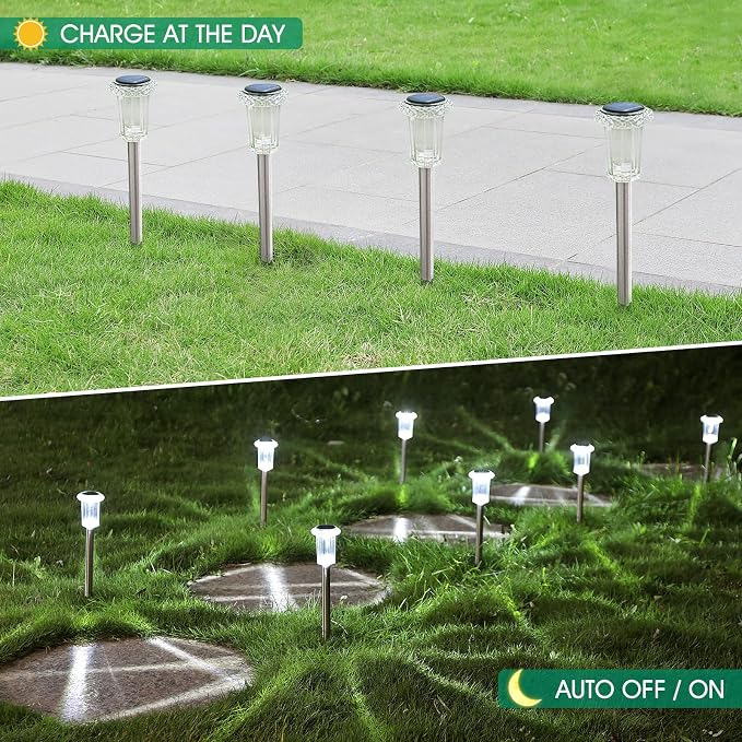 Eyrosa Solar Outdoor Lights, 10 Pack Waterproof Stainless Steel Solar Stake Lights for Pathway Garden Yard Path Walkway Driveway Lawn Patio Outside Decor, Cool White