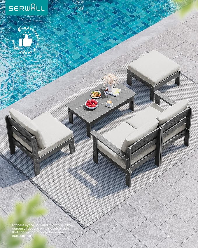 SERWALL 5-Piece Patio Sofas, All-Weather HDPE Outdoor Sectional Sofa with Cushions and Coffee Table, Large Modular Patio Conversation Set for Garden, Lawn, Deck, Porch, Grey Frame with Khaki Cushion