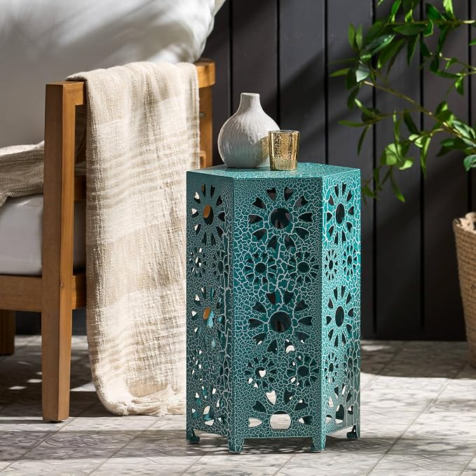 12" Outdoor Side Table, Metal Side Table, Multi Functional Decorative Cutout, Coffee Table, Night Stand, Plant Stand for Patio, Garden, Backyard, Gazebo Indoor (Teal)