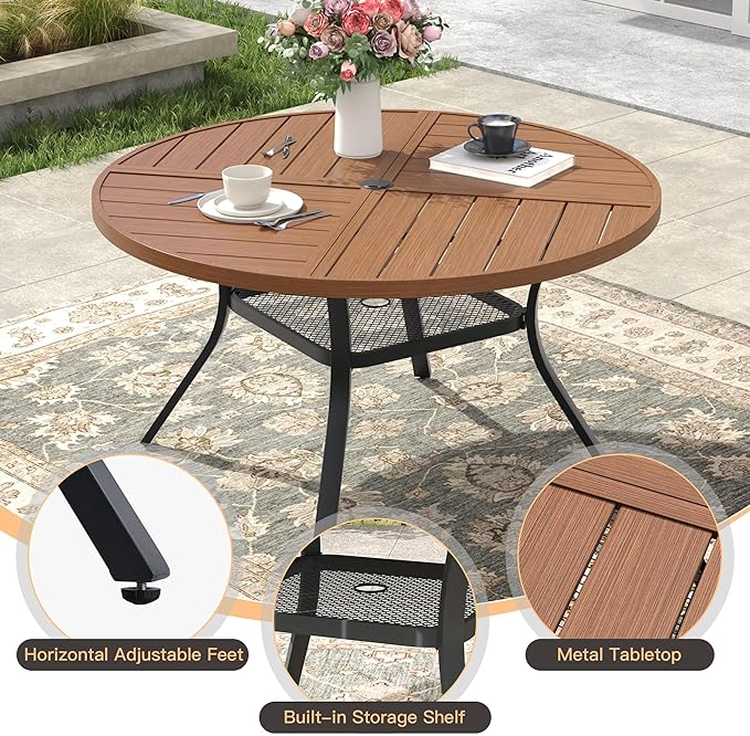 7 Pieces Outdoor Dining Set, 47.3" Spliced Patio Table with Umbrella Hole & Stackable Outdoor Dining Chairs, Patio Furniture Set for Deck Garden Porch, Black Chairs & Walnut Table