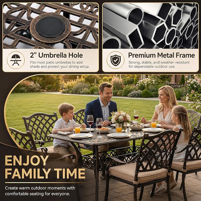 7 Piece Outdoor Dining Set Cast Aluminum, Retro Patio Dining Set for 6 Includes 59” Rectangular Table with Thicker Cushions and Umbrella Hole for Patio Deck Garden