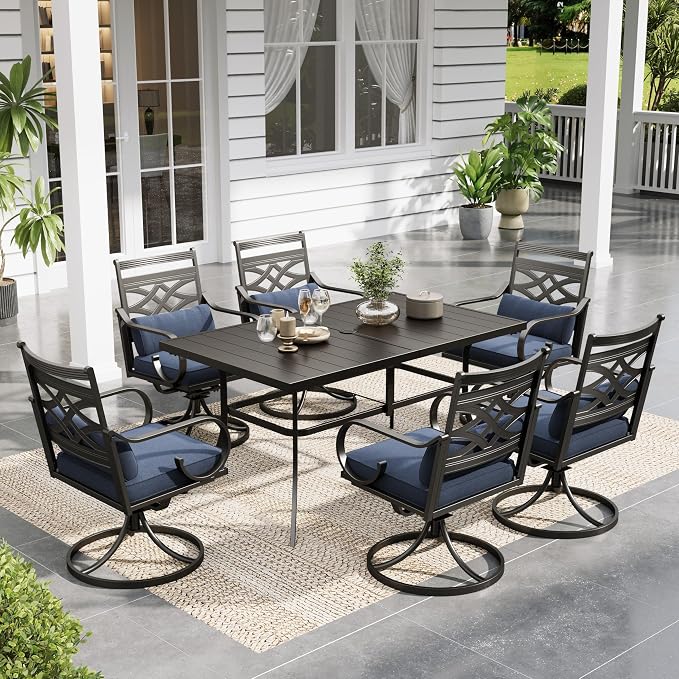 Sophia & William Patio Dining Set, Steel, Blue | Umbrella Hole, Swivel Chairs, E-Coated, Cushions Included, For Patio, Garden and Yard