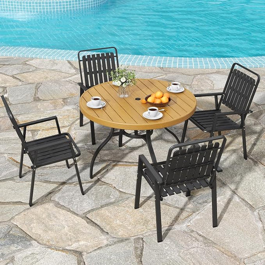 Outdoor Patio Dining Set for 4, 5 Pieces Patio Table and Chairs Set with Umbrella Hole, 41"x 41" Round Metal Wood-Grain Dining Table Set with 4 Metal Frame Patio Chairs for Deck , Backyard, Porch
