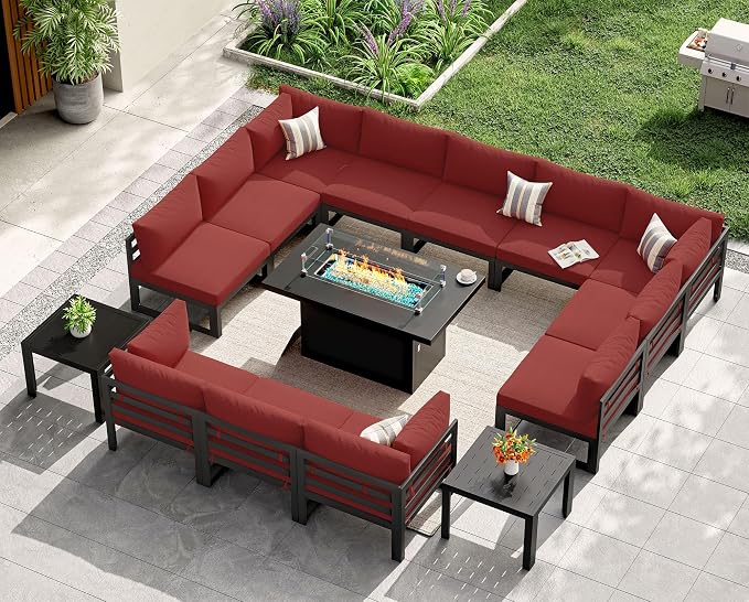 NICESOUL 12 Person Modern Aluminum Outdoor Patio Furniture Set with Firepit & Side Table, 29" Wide Deep Seating, L Shaped Modular Sectional Couch, Oversized Conversation Set for Backyard, Burgundy