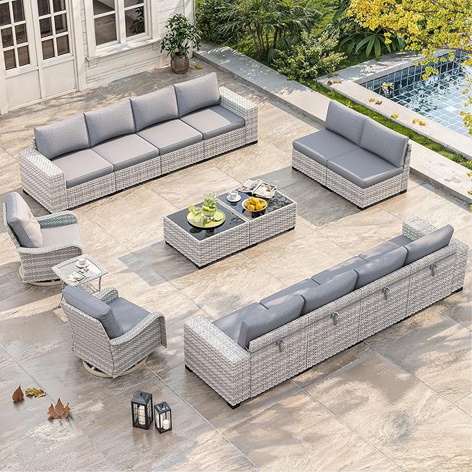15 Piece Outdoor Wicker Sectional Sofa Set with Swivel Chairs, 12-Seats Patio with 4" Thickened Cushions & Coffee Table, All-Weather PE Rattan for Garden, Backyard, Porch, Gray