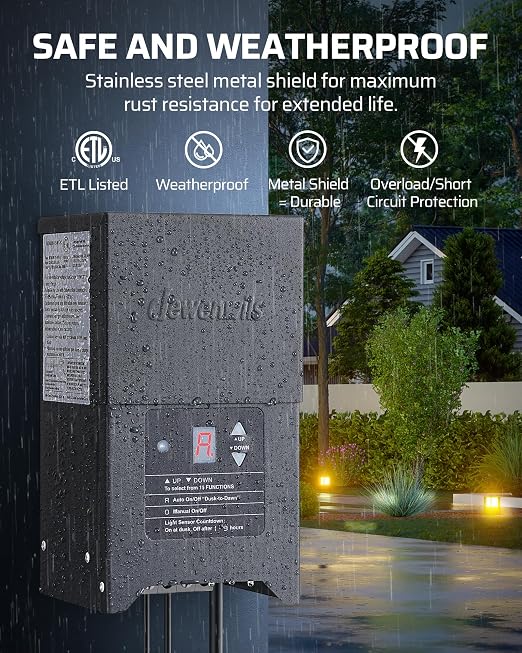 DEWENWILS 300W Low Voltage Landscape Lighting Transformer, 120V to 12/15V AC, Weatherproof Low Voltage Landscape Transformer with Photocell & Timer, Multi Zone Landscape Lighting Transformer