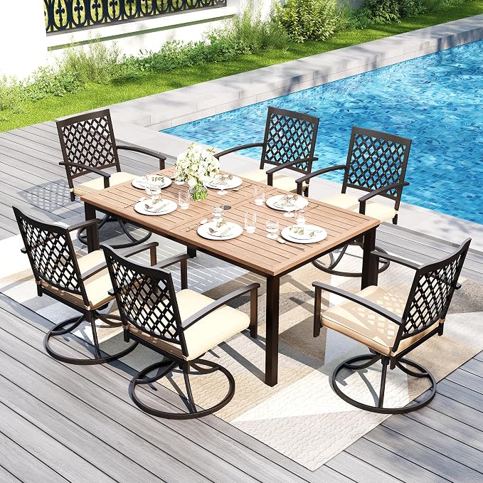 PHI VILLA Patio Dining Set for 6, Swivel Chairs& Wood-Like Table Table | 65" Rectangle Metal Wood-Like Steel Table&Swivel Wrought Iron Chairs,Outside Furniture Set for Patio, Deck, Yard, Porch