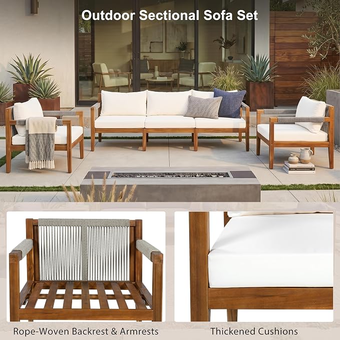 GDFStudio 3 Piece Patio Furniture Set, Acacia Wood Outdoor Sofa Set with Cushions, Rope Woven Conversation Set, 3 Seat Couch & 2 Chairs for Backyard Patio Deck Porch Garden Poolside, Beige