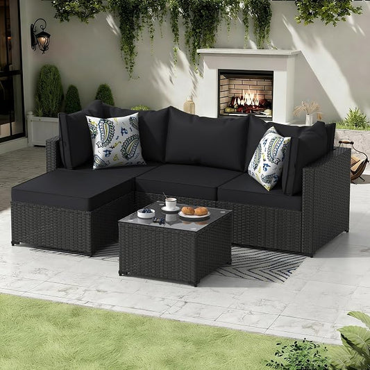 Patio Furniture Set, 5PCS Patio Sectional with Ottoman Wicker Rattan Outdoor Furniture with Thickened Cushion Modular Wicker Patio Conversation Set with Glass Top Table for Balcony(Black)
