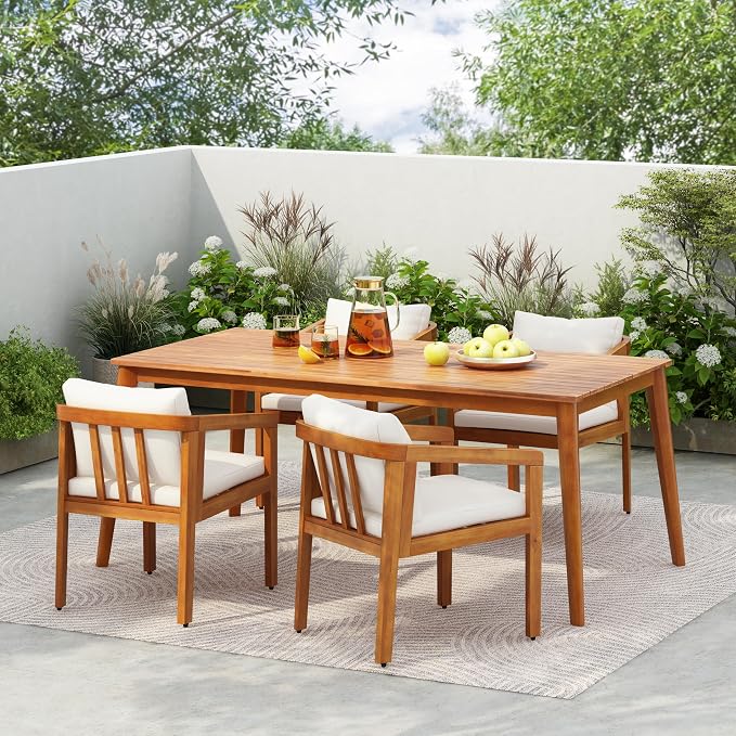 Christopher Knight Home Linda Patio Acacia Wood Dining Table Set for 4, Outdoor Rectangular Dinner Table and Chairs Set with Slatted Panel Design, Outdoor Furniture Set for Garden, Natural