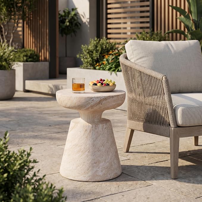Outdoor Side Table Faux Marble End Table Faux Stone Side Tables Travertine Small Coffee Tables for Indoor Outdoor, Garden Stool Plant Stand for Porch, Backyard Patio, 17.75*17.75*20.5-Hourglass,Beige