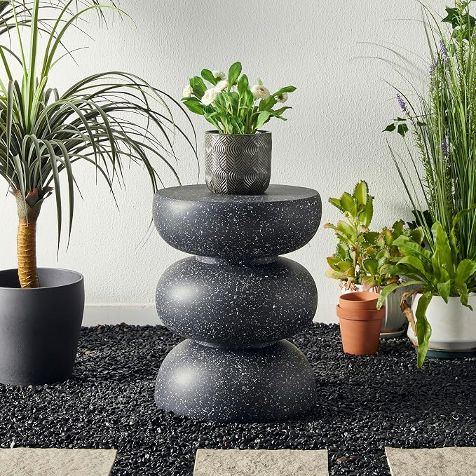 Glitzhome Outdoor Side Table, 18" H Decorative Garden Stool MGO Faux Terrazzo End Table, Heavy Duty Indoor Outdoor Round Planter Stand for Living Room Bedroom Patio Deck Poolside,Black