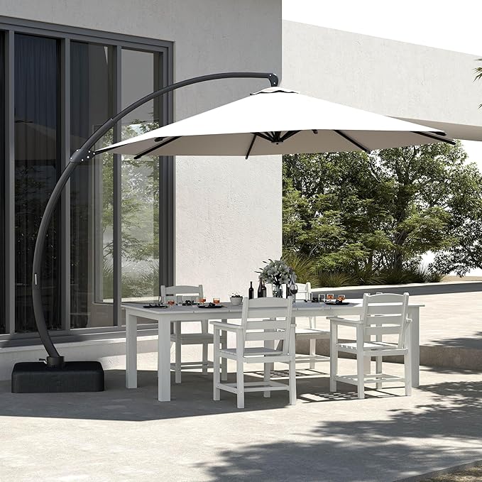 5-Piece Outdoor Dining Set with 11FT Umbrella for 4,White | 75.2'' HDPE table, chairs included, weather-resistant furniture with hole, ideal for lawn, poolside, yard, garden, deck