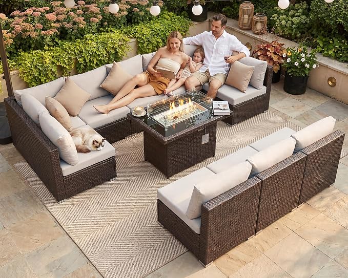 NICESOUL 11 Piece Outdoor Furniture Set with Natural Gas/Propane Firepit, Luxury 10-Seater Patio Sectional, 29.3'' High-Back Backyard Seating, All-Weather Rattan Couch Set for Deck, Brown & Beige