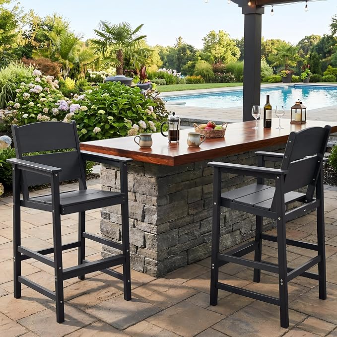 2 Pack Outdoor Bar Stools, HDPE Patio Bar Chairs with Armrests & Footrest, Weather Resistant All-Weather Counter Height Chairs for Outdoor Deck, Backyard, Poolside,Black