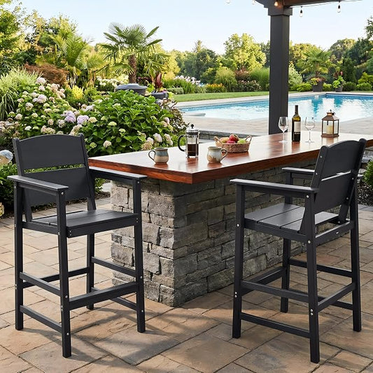2 Pack Outdoor Bar Stools, HDPE Patio Bar Chairs with Armrests & Footrest, Weather Resistant All-Weather Counter Height Chairs for Outdoor Deck, Backyard, Poolside,Black