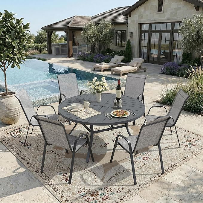 DIFY 7 Piece Outdoor Dining Set, 50" Round Metal Dining Table and Textilene Stackable Patio Chairs, Patio Table and Chairs Set for 6 with Umbrella Hole for Backyard Garden Deck, Grey