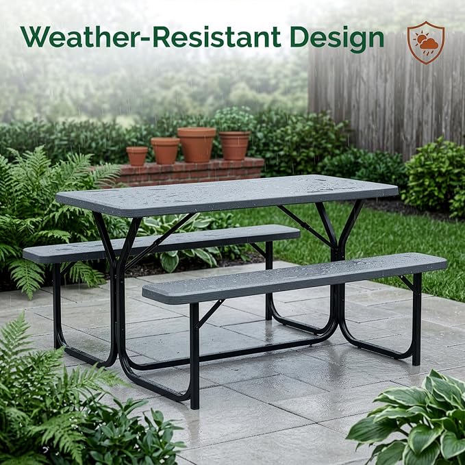 Gray Outdoor Picnic Table Set with Benches, Woodgrain Plastic Patio Dining Table with Metal Frame, Weather-Resistant Picnic Bench Table for Backyard, Patio, Garden, Park, Seats 6