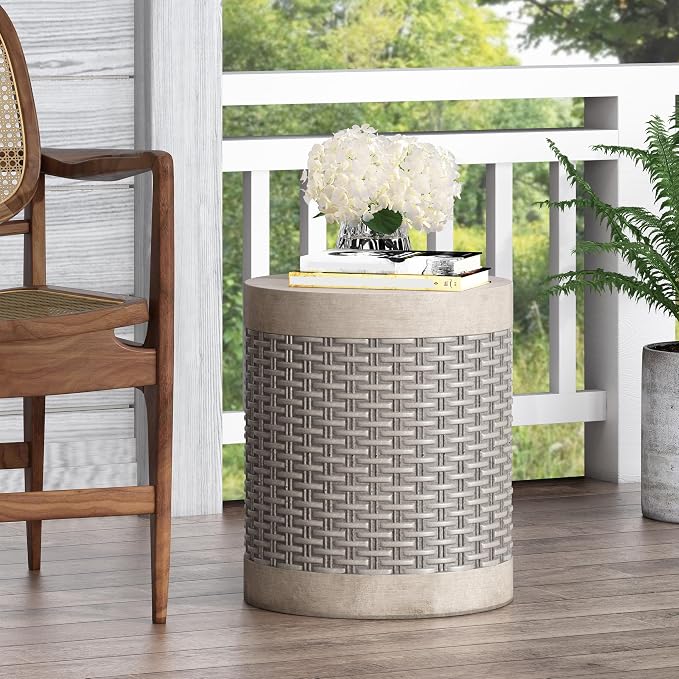 Outdoor Side Table 15.75" Cylindrical Shape Lightweight Concrete-Look Outdoor Indoor Accent Table Decorative Garden Stools, for Patio Porch Living Room, Dark Grey