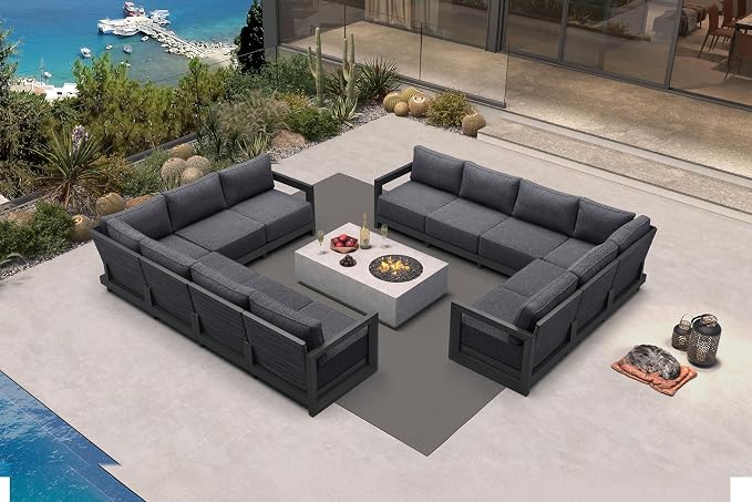 PURPLE LEAF Patio Furniture Set L-Shaped Outdoor Couch with 9.6" Thick Cushion and Soft Pillows 12 Piece Outdoor Sectional Sofas Modern Patio Conversation Sets for Yard Porch Deck Poolside, Grey